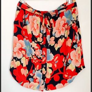 LOFT Floral Button Skirt with Pockets and Waist Tie